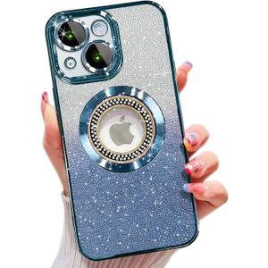 Misscase for iPhone 15 Magnetic Case Compatible with MagSafe,Full Protection Slim Shockproof Anti-Scratch Glitter Case with Camera Lens Protector Logo View Dust-Proof Net for Women Blue