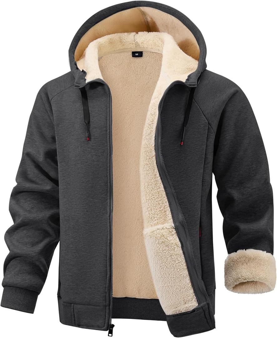 Gihuo Mens Sherpa Hoodies Zip Up Fleece Lined Sweatshirt Hooded Winter Warm Jacket (Large, Dark Grey)