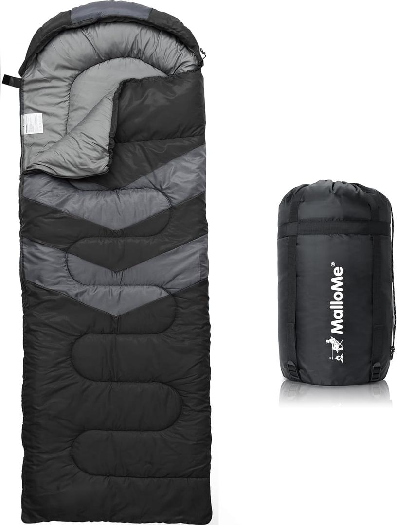 MalloMe Sleeping Bags for Adults Cold Weather & Warm - Backpacking Camping Sleeping Bag for Kids 10-12, Girls, Boys - Lightweight Compact Camping Essentials Gear Accessories Hiking Sleep Must Haves (Black, 3 Seasons, 32 to 65°F)