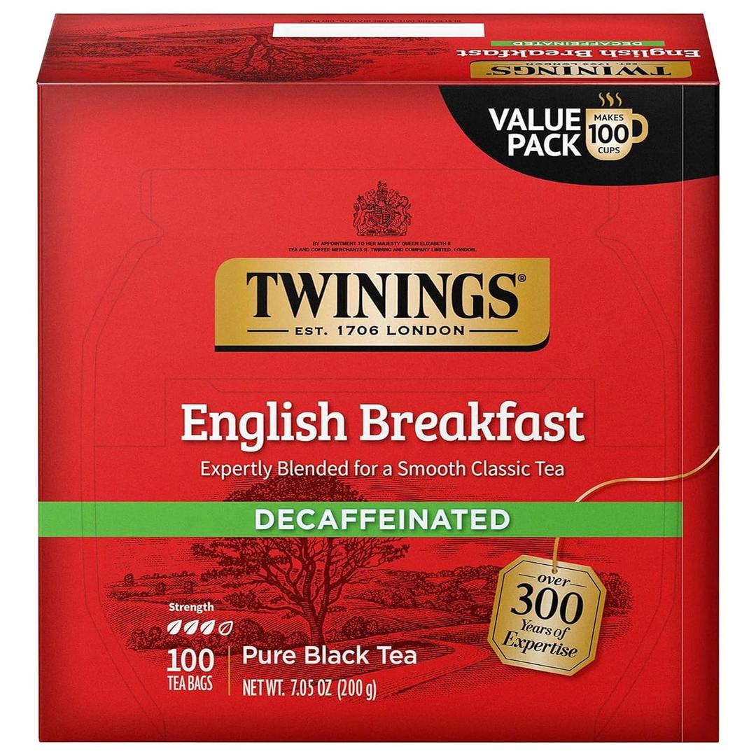 Twinings Decaffeinated English Breakfast Black Tea Individually Wrapped Bags, 100 Count (Pack of 1), Smooth, Flavourful Black Tea, Enjoy Hot or Iced, 100 Teabags (EXP 02/08/29)
