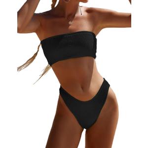 YIMISAN Women's Two Piece Bandeau Swimsuit Ribbed Strapless Tube Bikini Top with Mid Waist Cheeky Bottom Bathing Suit (Black) S YIMISAN Women's Two Piece Bandeau Swimsuit Ribbed Strapless Tube Bikini Top with Mid Waist Cheeky Bottom Bathing Suit (Black) S