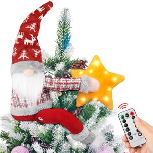 Christmas Tree Topper, 22" Gnome Treetop with Lights and Remote Control Timer, Christmas Tree Decoration for Holiday Ornament and Home Decor, Red