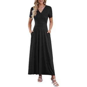 AUSELILY Maxi Dresses for Women Ankle Length Floral Print Beach Long Flowy Dress with Pockets (01-black) XL