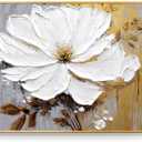 Hand-Painted Floral Canvas Oil Painting for Living Room,Framed 3D Gold and White Abstract Wall Art for Bedroom, Large 3 Pieces Flowerl Wall Painting for Office Kitchen Bathroom Home Decor 24x64 inches, 24x32inches x1+16x24inches x2