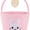 OIAHOMY Gift Basket with Handle, Personalized Baby Basket for Kids, Woven Rope Gift Empty for Toys, Baby Treasure Hunt Baskets with Wooden Card for Boys and Girls - Pink & White