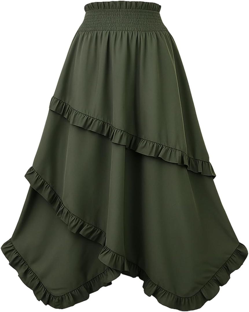 Maxi Skirt for Women High Waist Renaissance Long Skirts Medieval Casual Elastic with Side Pockets (L)