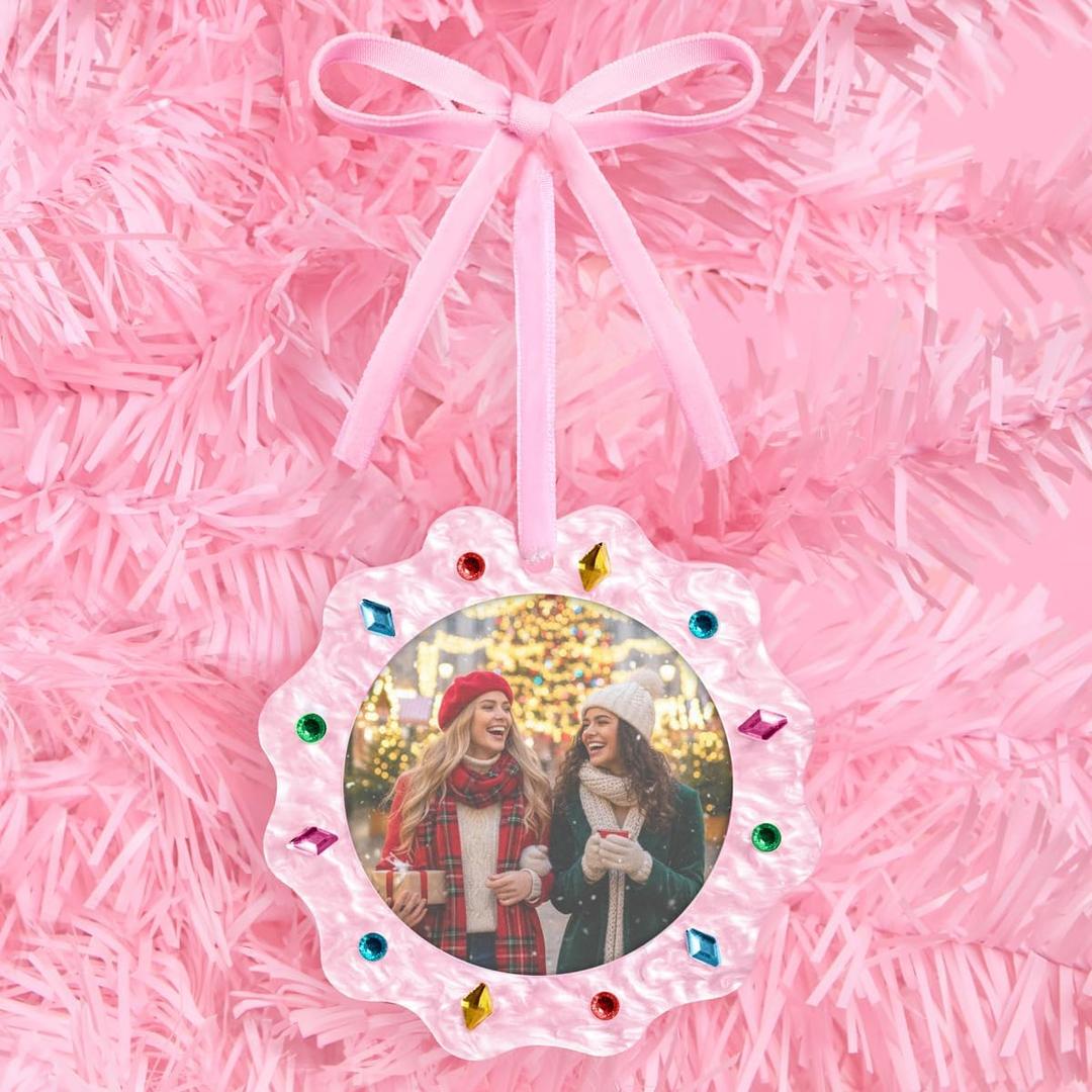 XO, Fetti Pink Picture Frame Ornament | Photo Christmas Tree Decorations, Holiday Party, Cute Girly Winter Gift, Stocking Stuffer, Sentimental