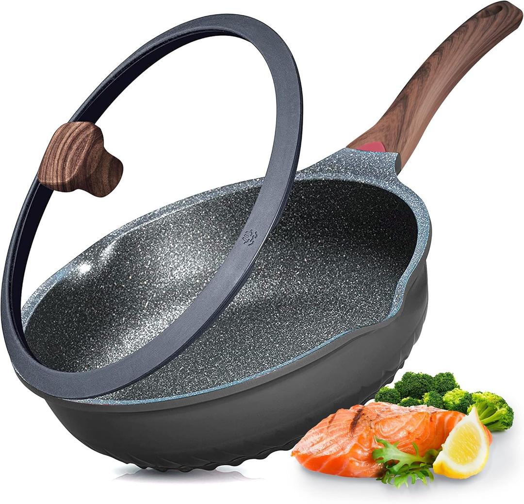 Vinchef Nonstick Deep Frying Pan Skillet with Lid, 11in/5Qt Saute Pan, German 3C+ Ceramic Coating Technology, Heat Indicator, Induction Compatible (Black)