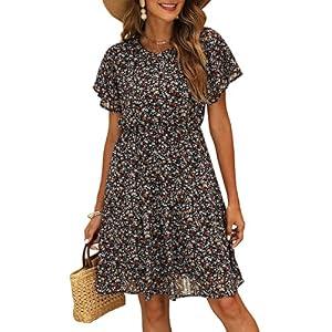Manydress Women's Chiffon Floral Casual Summer Boho Flutter Sleeve Flowy Skater Western Dress MY112 (Black Print, L)