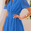 PRETTYGARDEN Womens 2025 Summer Short Dress V Neck Short Sleeve A Line Hollow Out Lace Ruffle Cute Casual Beach Party Dresses (Blue, L)
