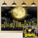 Super City Photography Backdrop Yellow Full Moon Skyline Cityscape Background Superhero Theme Boy Kid Birthday Party Cake Table Decoration Banner Super Cityscape Party Supplies (7X5FT(82 x 59 inch))