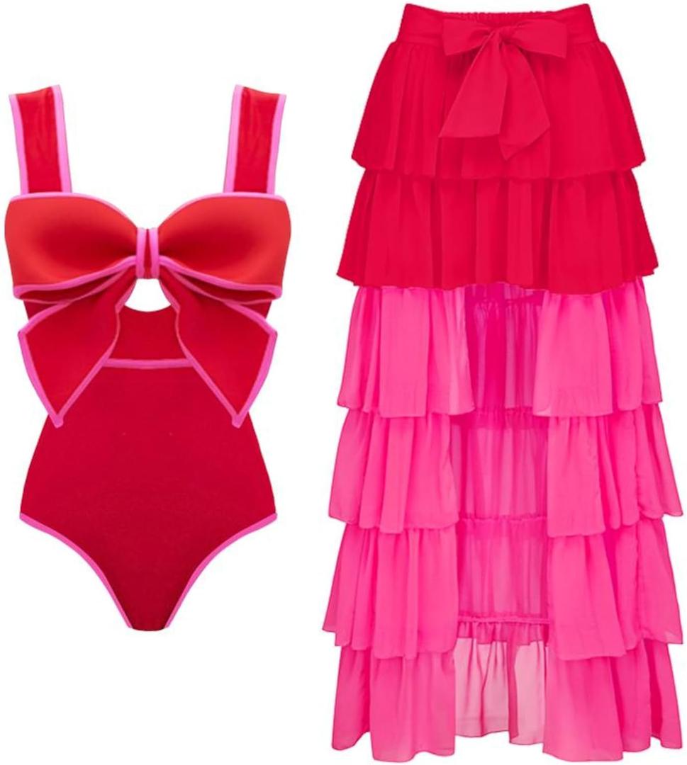 FLAXMAKER Bow Front Cut Out Color Block One Piece Swimsuit and Skirt (Large)