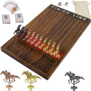 Horse Race Board Game Racing Game Thickened Solid Wood with 11 Luxurious Durable Classic Metal Horses with 2 Dice and 2 Boxes of Cards Horse Racing Game (Rustic Brown, Rectangle)