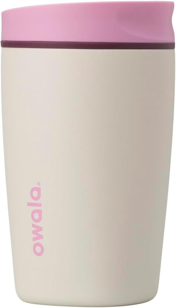 Owala SmoothSip Slider Insulated Stainless Steel Coffee Tumbler, Reusable Iced Coffee Cup, Hot Coffee Travel Mug, BPA Free 12 oz, Pink/Tan (Daybreak)