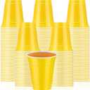 Sabary 100 Pack 12oz Plastic Cups Graduation Heavy Duty Drinking Disposable Cups with Lines for Beverage Holiday Camping Barbecues Birthday Party Outdoor Picnic(Yellow and White)