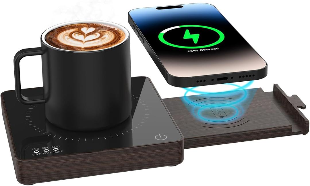 Coffee Mug Warmer with 15W Wireless Phone Charger & 3A USB Charging Port, 3 Temp Settings & 8H Auto Shut Off, Candle Warmer Plate for Heating Coffee, Milk, Tea & Candles,Valentine's Day Gift(Wood)