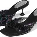 Mattiventon Kitten Heels for Women Comfortable Stiletto Heeled Mule Black Sequin Open Square Toe Slip On Trendy Sandals Prom Party Wedding and Vacation, 7.5