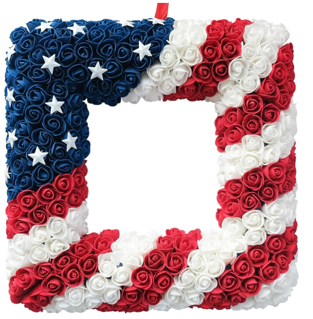 18 Inch Patriotic Red White Blue Large Size Square Shape Flower Wreath for Front Door, Forth of July American Flag Color Soft Touch Floral Wreath for Indoor and Outdoor, July 4th Wreath