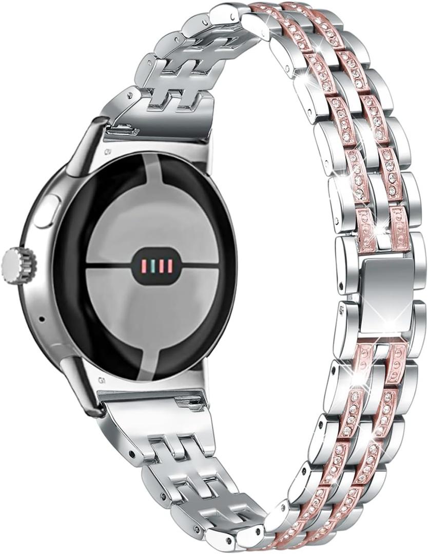 Slim bling Bands Compatible with Google Pixel Watch 4/3 45mm 41mm Watch 2 Watch1 Replacement Wristband Women (Silver with Rose Gold)