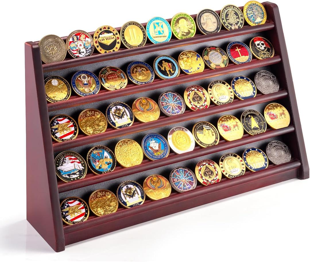 5 Row Challenge Coin Display Stand, Wood Military Army Coins Rack for Wall or Desk Display, Coin Storage Holder Case for Coin Collection, Brown