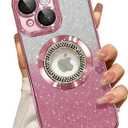 Misscase for iPhone 15 Plus Magnetic Glitter Case Compatible with MagSafe,Full Protection Slim Shockproof Anti-Scratch Case with Camera Lens Protector Logo View Dust-Proof Net for Women Pink