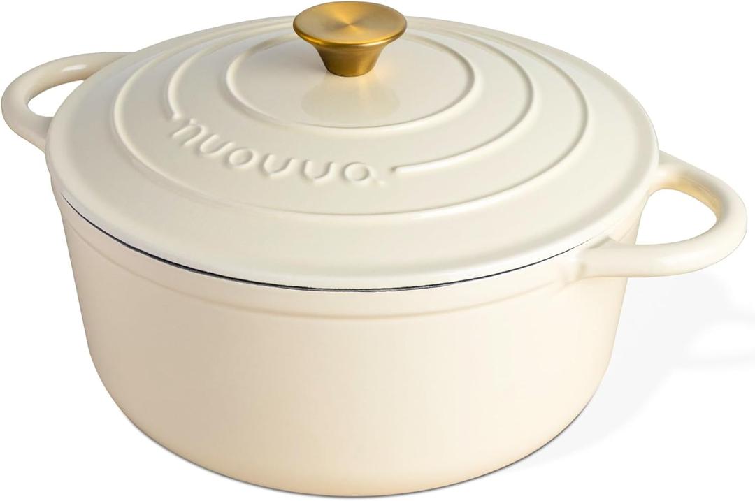 Nuovva Enamelled Cast Iron Dutch Oven Pot with Lid  6.4 Quart Non Stick Casserole Pot  Heavy Duty & Oven Safe up to 500 F for Bread Baking, Braising, Stews, Roasting  28cm Cream