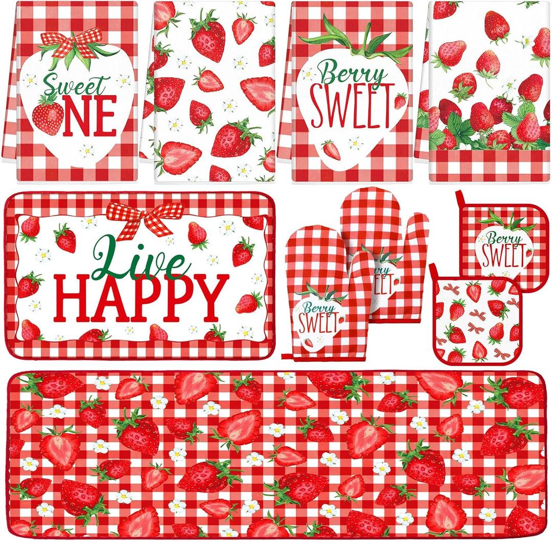 Fourluoo 10 Pcs Strawberry Kitchen Dish Towels Rugs Oven Mitts and Pot Holders Set Farmhouse Kitchen Decor Set for Women Mom Daughter Gift Cooking Baking Grilling (Red and White)