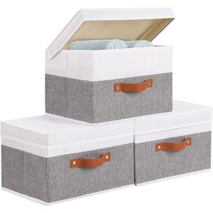 Fabric Storage Boxes with Lids, Linen Foldable Cloth Baskets, Closet Organizer Containers with Double Handles, Sweater Bins for Bedroom, White and Grey, 3 Pack, 13 x 9.1 x 7.9 Inch