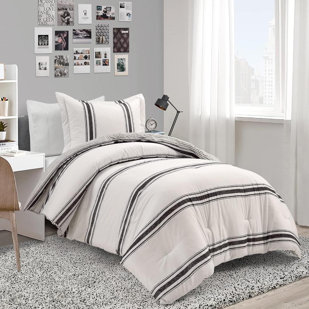 Lush Decor Farmhouse Stripe Reversible Cotton Comforter Set, 2-Piece, Twin XL Black - Twin Bedding Set - Dorm Decor - Striped Comforter for Farmhouse Bedroom Decor