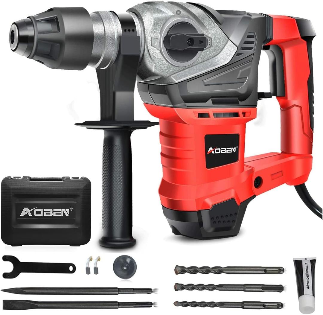 AOBEN Rotary Hammer Drill with Vibration Control and Safety Clutch,13 Amp Heavy Duty 1-1/4 Inch SDS-Plus Demolition Hammer for Concrete-Including 3 Drill Bits,Flat/Point Chisels.