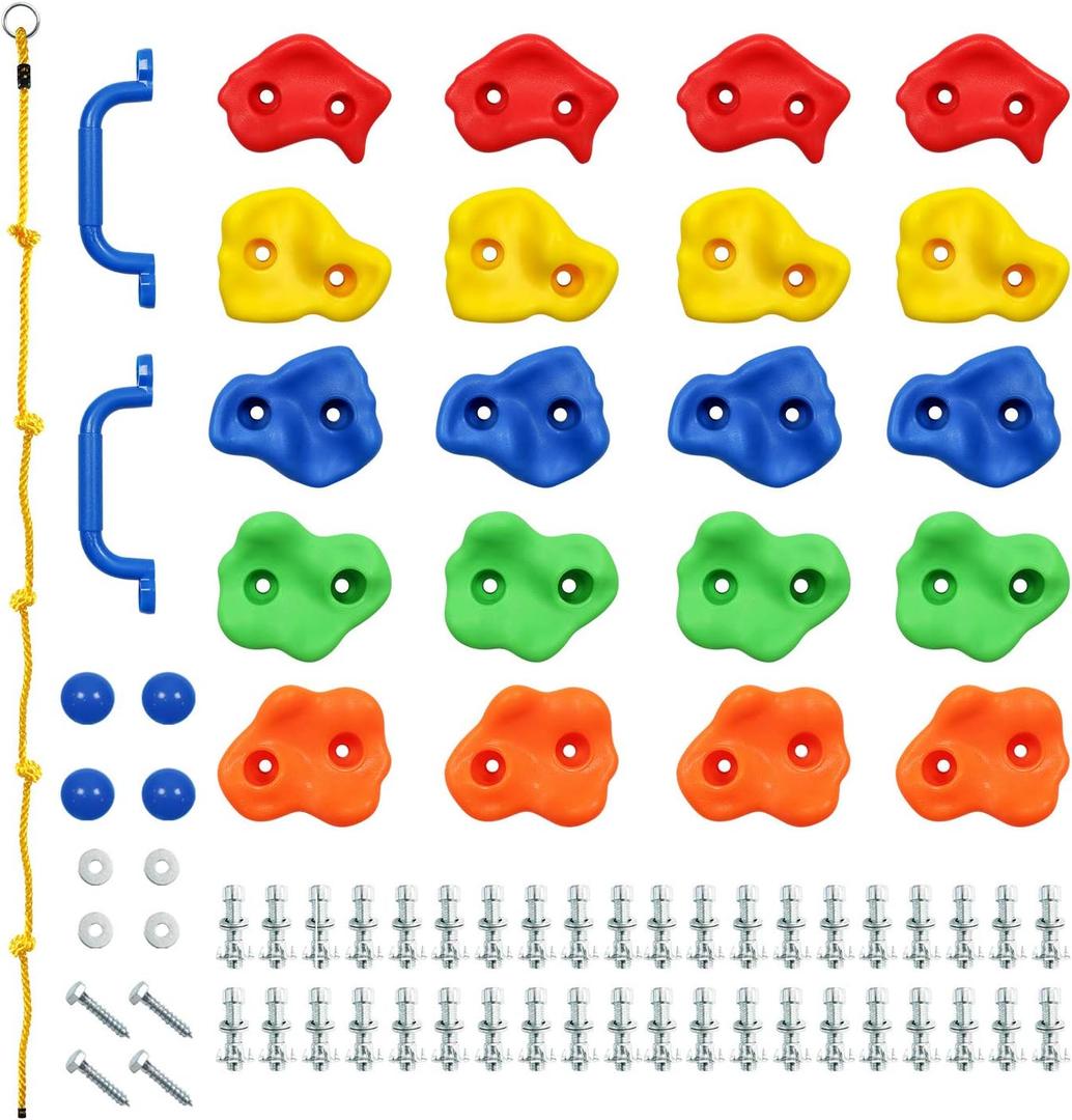 Rainbow Craft DIY Monkey Rock Climbing Holds for Kids - Wall Climbing Rocks of 20pc Rock Wall Holds, 2pc Handles & 1pc 8ft Knotted Climbing Rope - Kids Rock Climbing Holds Rock Wall Climbing Kit