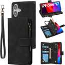 RANYOK Wallet Case Compatible with iPhone 17 Case, with 6 Card Holder RFID Blocking, PU Leather Zipper Flip Wallet Pocket, Kickstand, Wrist Strap | Protective Phone Cover for 17, Black