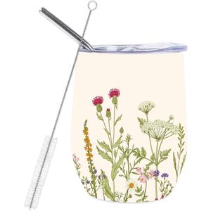 Whaline Summer Floral Stainless Steel Wine Tumbler with Straw and Lid Green Colorful Wildflower Coffee Mug Spring Insulated Wine Tumbler for Hot and Cold Drinks