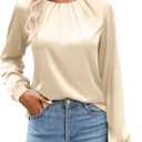 Bluetime Women's Silk Dressy Casual Business Blouse Pleated Long Sleeve Shirts Satin Office Work Tops Fall Outfits (L)
