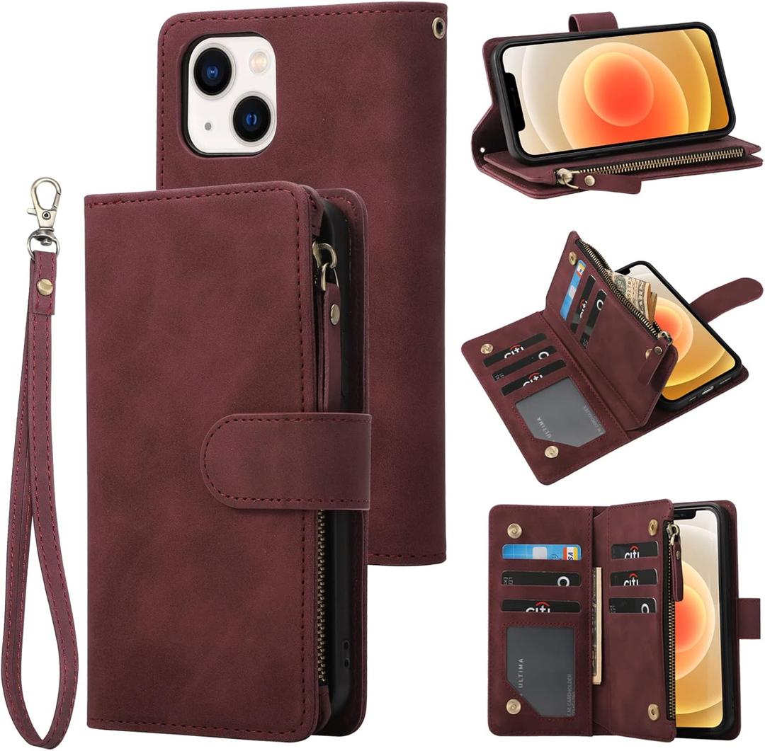 RANYOK Wallet Case Compatible with iPhone 13/14 (6.1 inch), Premium PU Leather Zipper Flip Folio Wallet RFID Blocking with Wrist Strap Magnetic Closure Built-in Kickstand Protective Case (Wine Red)