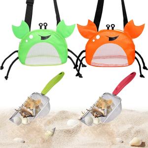 4PCS Beach Toy Mesh Shovel and Mesh Beach Bag Seashell Bag,for Sand Filter & Collect Shells,Sand Sifter Shell Collecting Tools(Green-Orange Crab)