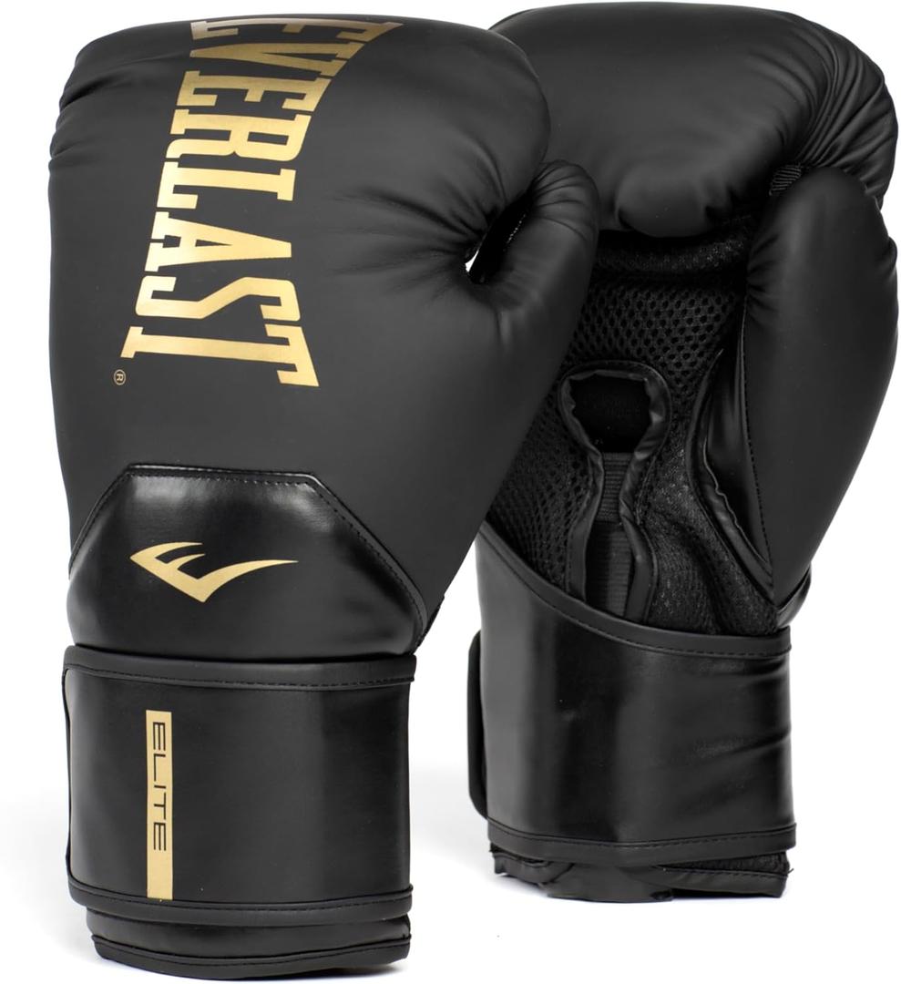 Everlast Elite 2 Boxing Gloves, Pro Training Gloves for Men and Women, Secure Fit Hook and Loop Closure & Ventilation, Heavy Bag & Speedbag Training. (Black/Gold) 12Oz