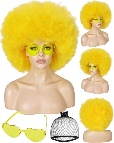 BESTBEL+Hair Cap Yellow Afro Wig and Sunglasses Short Yellow Wigs Afro Clown Wig for Halloween Disco Party Outfits Funny Wigs for Adults Cosplay Costume Fluffy Bouncy Synthetic Hair