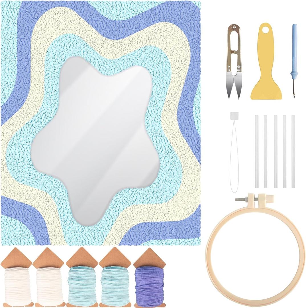 Tkifoda Punch Needle Mirror Kit,Needle Kit for Adults Beginners with Adhesive Felt Yarns Embroidery Hoop Instruction DIY Needle Punch Craft for Christmas Birthday Gifts
