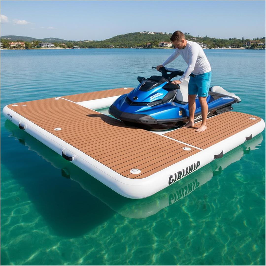 GIRISHIP Inflatable Jet Ski Dock, Heavy Duty Floating PWC Docking Station with Non-Slip EVA Pad, Portable Marine Platform or Boat Bumpers Fenders for Docking Include Pump (8.5 * 8FT U)