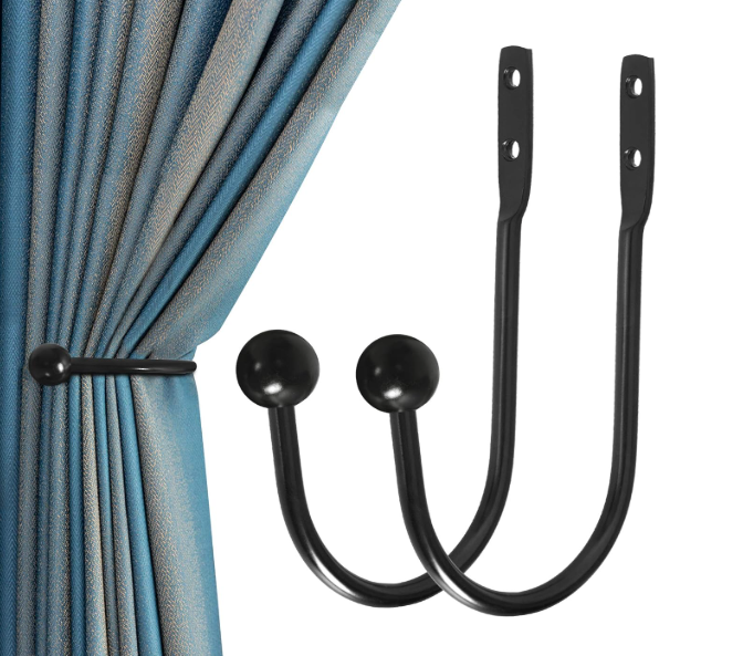 Curtain Holdback, 2 Pcs Wall Mounted Drapery Tiebacks with Screws, Heavy Duty Metal Decorative Window Drapery Holder Curtain Hook, Black