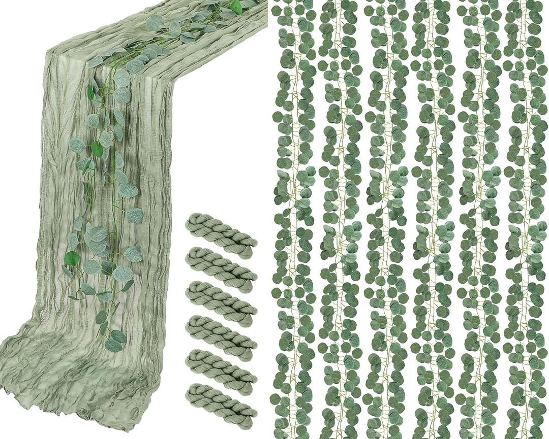 Tioncy 6 Pcs Sage Green Centerpieces for Table 35 Inch x 10 ft Cheesecloth Table Runner Boho 10 ft Artificial Eucalyptus Garland Vines for Bridal Shower Wedding Spring Holiday Birthday Decoration