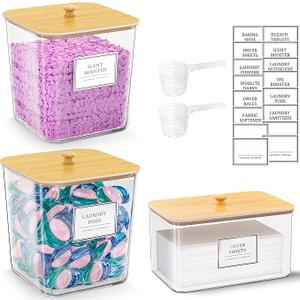 2+1 Pack Laundry Pods Container,Clear Laundry Detergent Powder Storage Containers,Laundry Room Organization Containers with Wooden Lids & Labels,Laundry Pods Holder for Scent Booster,Dryer Ball