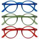 OPULIZE REY Reading Glasses for Women Men, Retro Round Frame with Spring Hinges, Matte Blue, Green, Red +2.50 (Pack of 3)