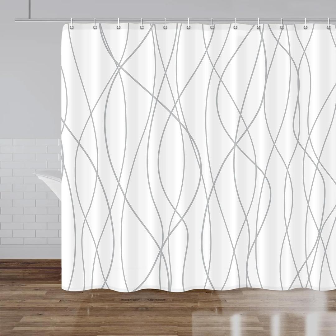 Punkray Grey and White Striped Fabric Shower Curtain for Bathroom with 14 Hooks, Shower Curtains for Bathroom Decor, Waterproof Bath Accessories Hotel Style - Machine Washable 96 X 72 (96"W x 72"L (Pack of 1), Grey White)