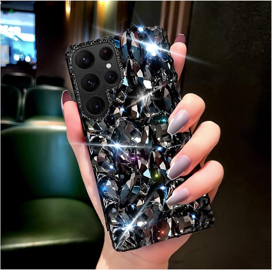 Cavdycidy for Samsung Galaxy S25 Ultra Case for Women GirlShiny Luxury Bling Phone Case with 3D Glitter Sparkle Crystal Rhinestone Diamond GemsGloss Acrylic Back and Soft TPU Bumper CoverBlack