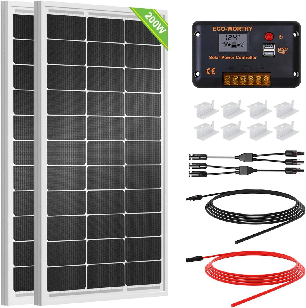 ECO-WORTHY 200 Watts 12 Volt/24 Volt Solar Panel Kit with High Efficiency Monocrystalline Solar Panel and 30A PWM Charge Controller for RV, Camper, Vehicle, Caravan and Other Off Grid Applications