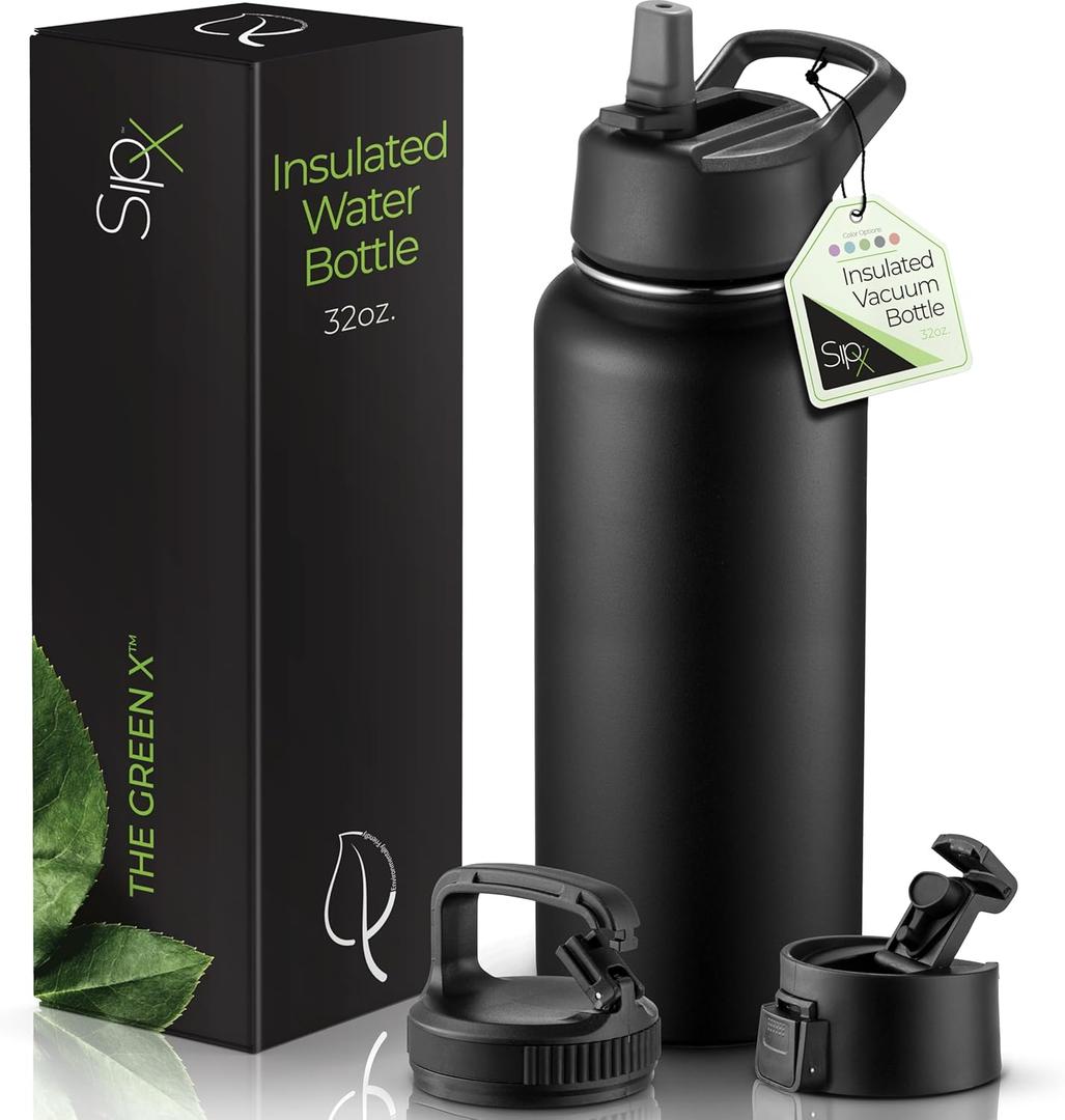SipX Triple-Insulated Stainless Steel Water Bottle 32oz. With 3 Lids, BPA-Free Reusable Insulated Water Bottle Keeps Cold 24 Hours, Metal Water Bottle Made Of Sustainable Material For Hiking & Biking (Black)