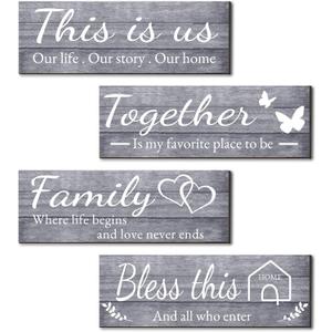 Joyhawk 4 Pieces Wall Decor Signs, THIS IS US, TOGETHER, BLESS THIS HOME, FAMILY Rustic Wooden Farmhouse Wall Art Dcor For Living Room Bedroom Kitchen, , 4.7 x 13.8 Inch(Grey)