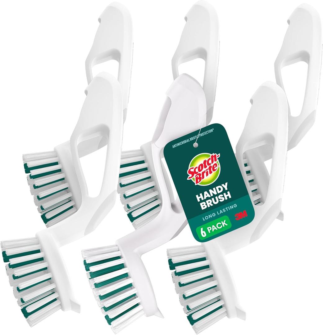 Scotch-Brite Handy Brush, Small and Durable Dish Brush with Handle for Scrubbing Hard-to-Reach Cookware, Tubs, Sinks, Car Tires, and More without Scratching, Antimicrobial, and Rinses Clean